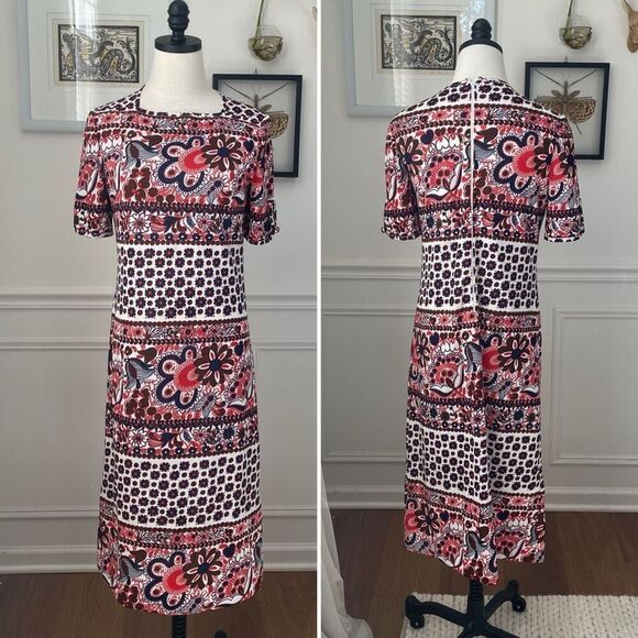 Vintage 70s Goldworm Italy Short Sleeve Mod Boho Print Dress M - Picture 1 of 11